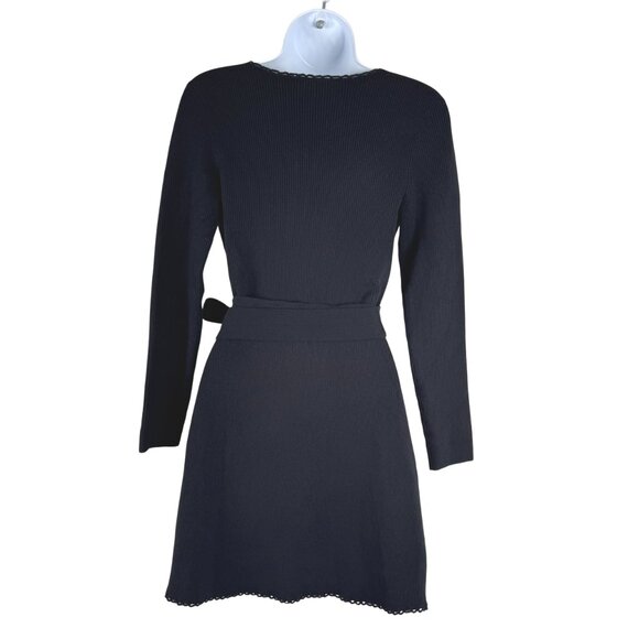 Sezane Tina Wrap Dress Large Black Merino Wool Blend Ribbed V-Neck DR-1807 - Picture 6 of 9